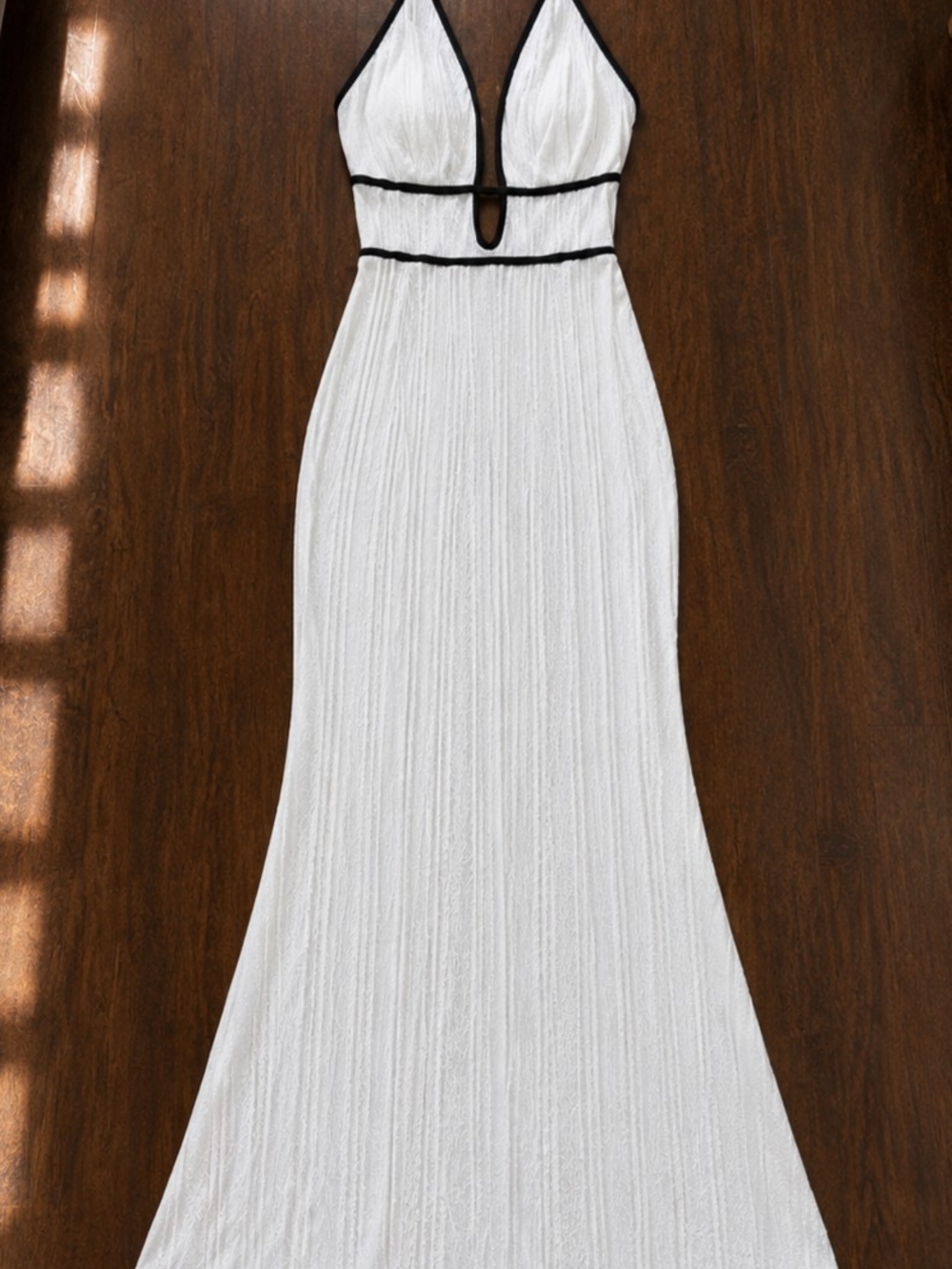 Backless White Maxi Dress with Black Trim